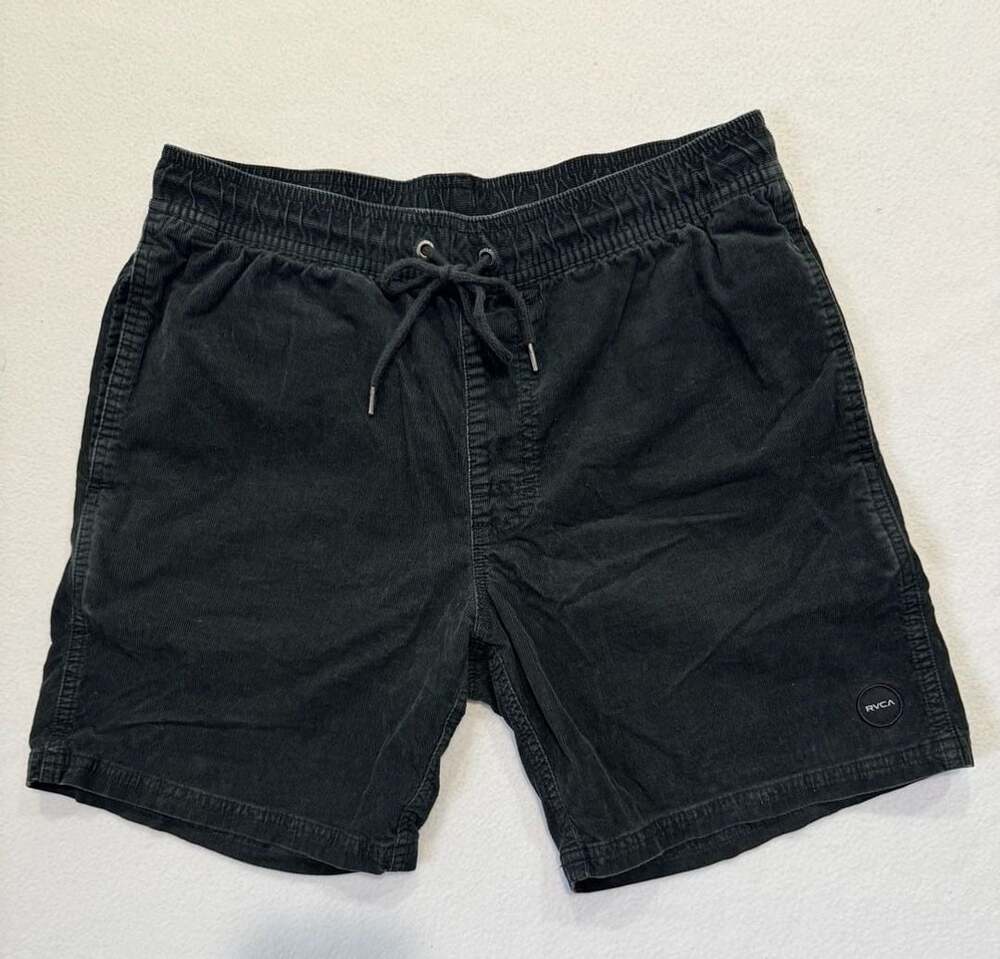 RVCA Menβs Small Black Corduroy Shorts Elastic Waist Drawstring Cotton Stretch